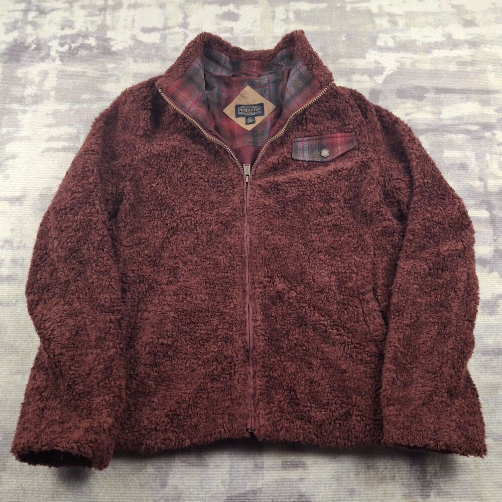 Pendleton Womens L Jacket Burgundy Full Zip Sherpa Fleece Coat Plaid Trim Fuzzy